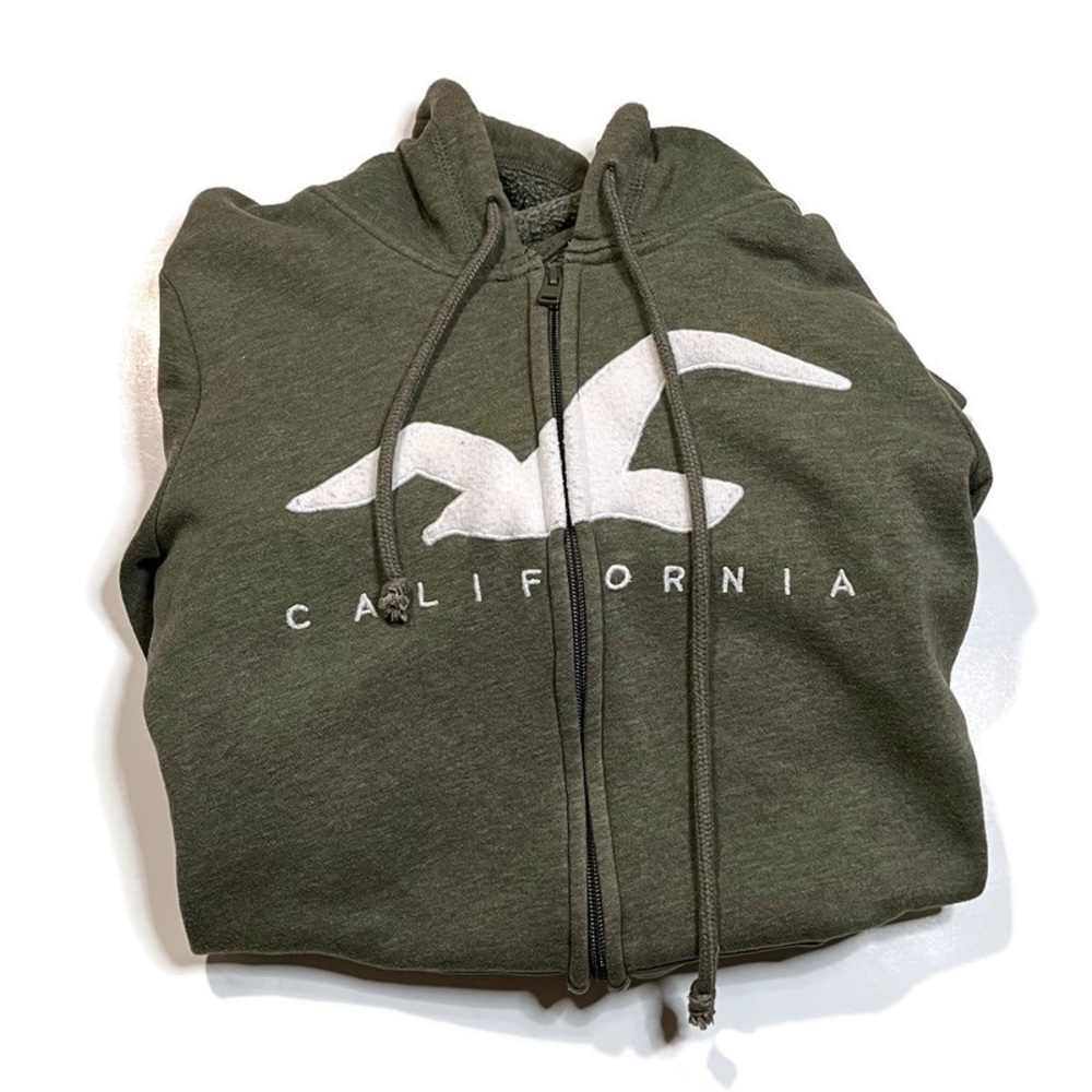 Hollister green and white full zip logo graphic hoodies size small